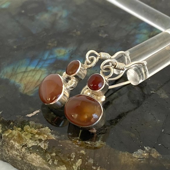 Sterling Silver 950 1.26" Oval Bezel Set Carnelian Gemstone Dangle Earrings 3.5g - Picture 7 of 16